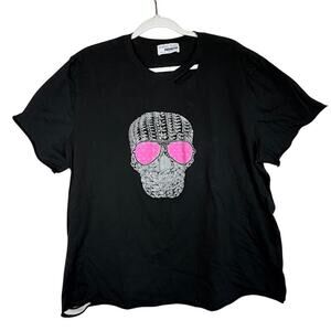 Chelsey Blake Skull T-Shirt Pink Shades Distressed Black Graphic Tee Women's L